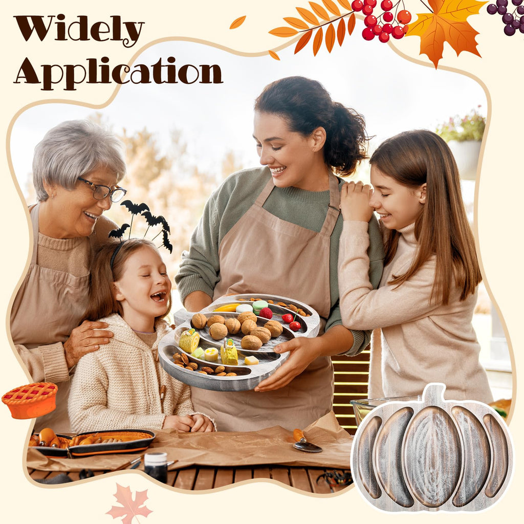 Sliner Fall Pumpkin Wooden Serving Dish Platter Thanksgiving 15" L x 12" W Pumpkin Shaped Charcuterie Board Snack Wood Cutting Board Sectional Dish Plate for Home Gifts(Walnut Color)