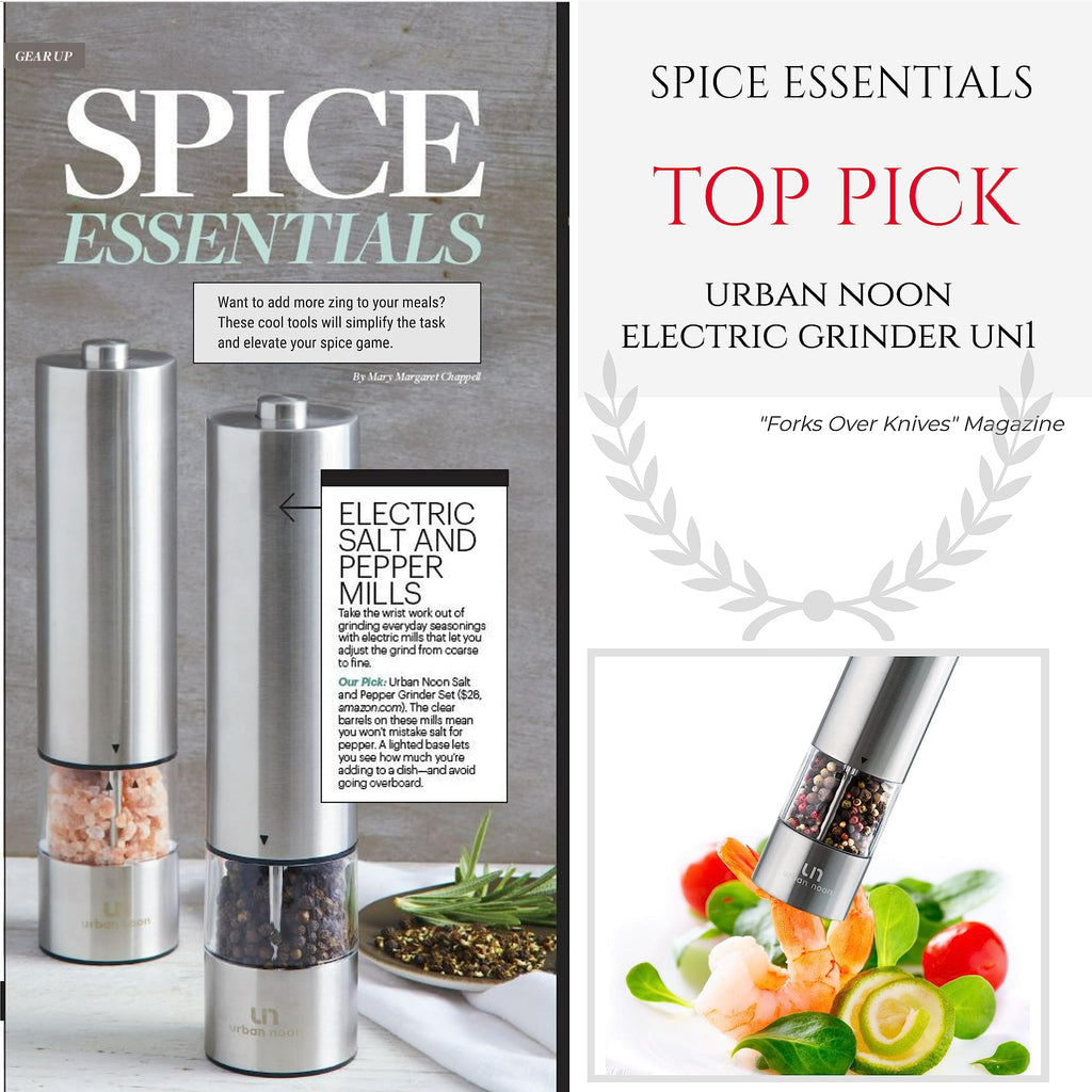 Urban Noon Electric Salt and Pepper Grinder Set (2 Mills, 8.1" Tall) - One-Handed Push-Button Mills with LED Light, Adjustable Ceramic Coarseness, Gift-Ready Box, 1-Year Warranty - Stainless Steel