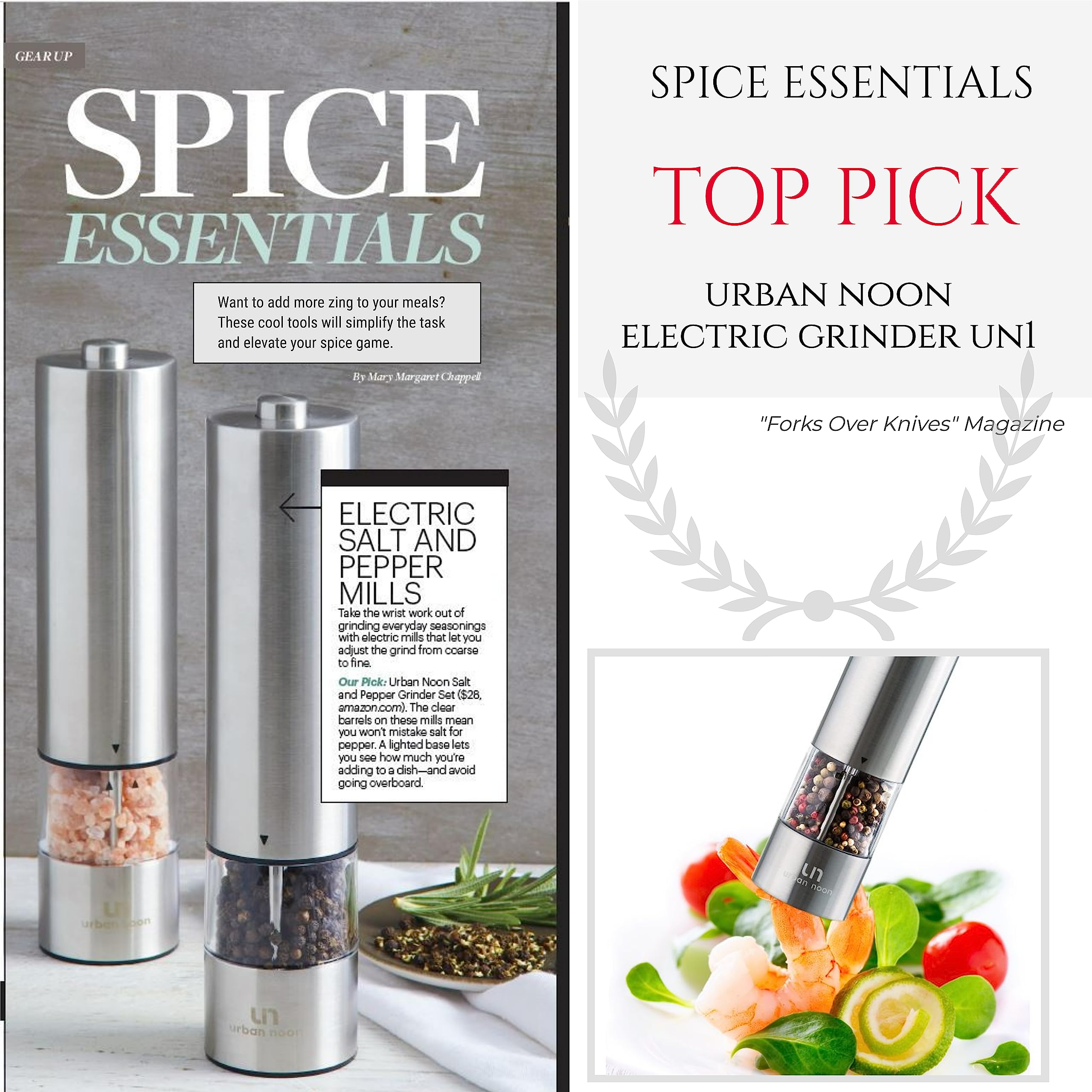Urban Noon Electric Salt and Pepper Grinder Set (2 Mills, 8.1" Tall) - One-Handed Push-Button Mills with LED Light, Adjustable Ceramic Coarseness, Gift-Ready Box, 1-Year Warranty - Stainless Steel