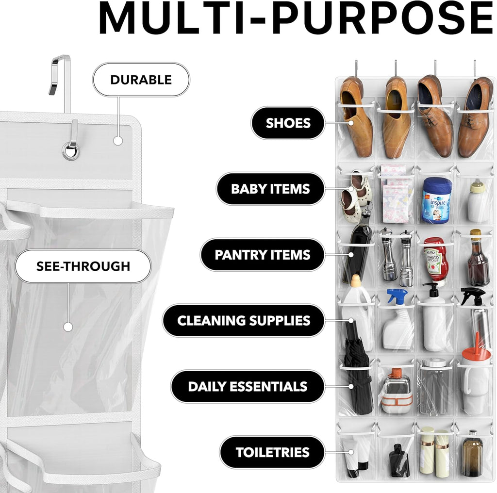Simple Houseware Over The Door Hanging Shoe Organizer - 24 Large Clear Pockets, White (56" x 22.5")