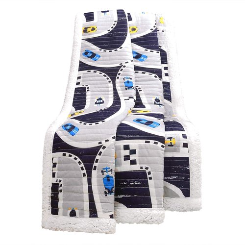 Lush Decor Car Tracks Reversible Sherpa Throw Blanket for Kids - 60” x 50”, Navy