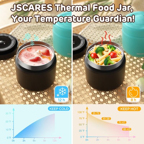 JSCARES 12oz Kids Insulated-Food-Jars for Hot-Food, Wide Mouth Soup Thermo Food Jar Insulated Thermal Lunch Container Termo para Comida Caliente Vacuum Thermoses for Keeping Food Warm-Black