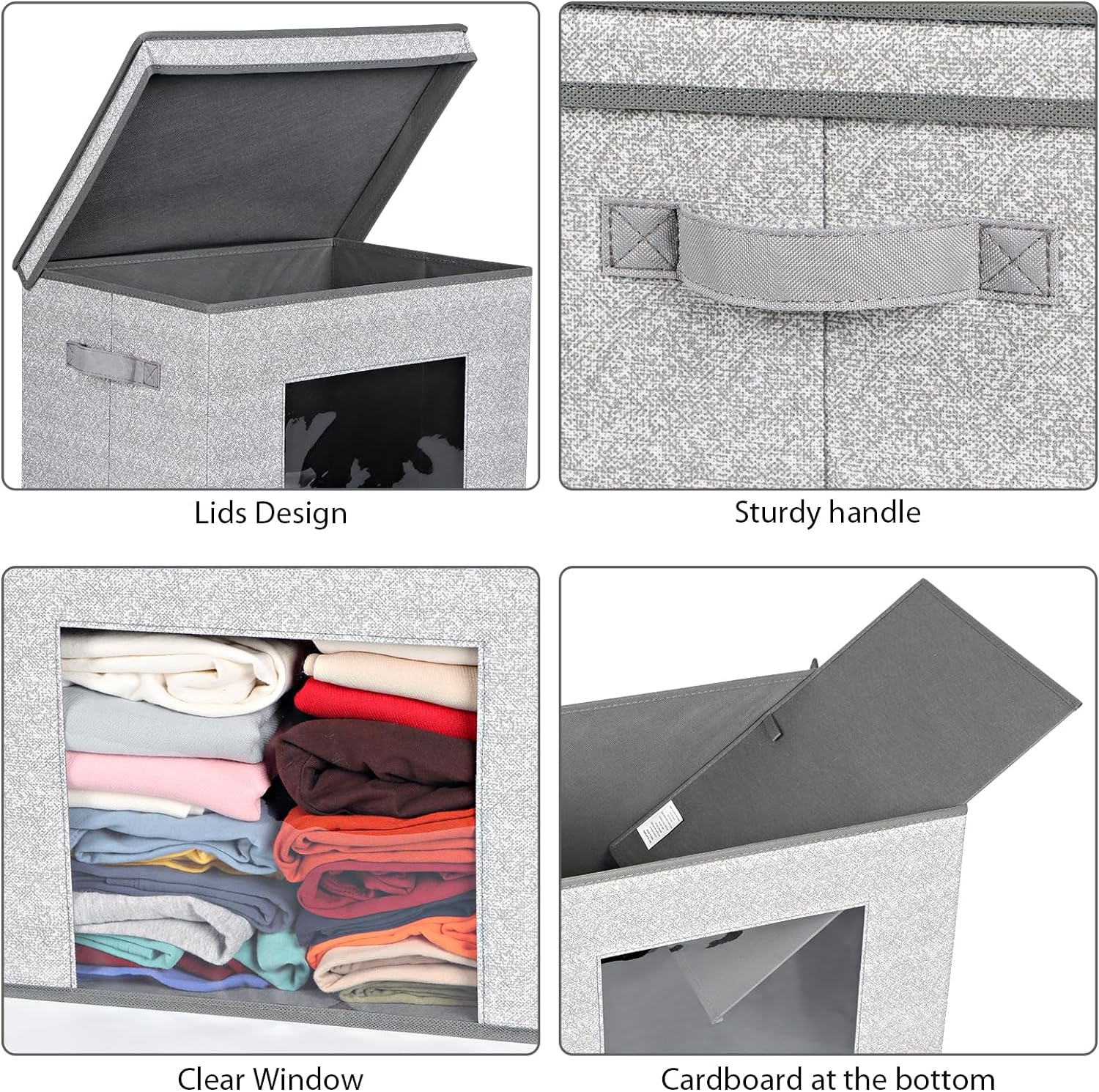 Univivi Foldable Fabric Storage Boxes - Large Collapsible Bins with Lids | 4-Pack Gray Cube Organizers (17" x 12" x 12")