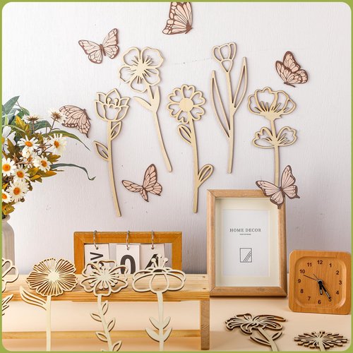 Yalikop 72 Pcs Wooden Wildflowers Wall Decor Set Boho Nursery Decor for Girl Baby Bedroom Decals Flowers Cutout Signs Wooden Butterflies Art for Nursery Baby Room Home