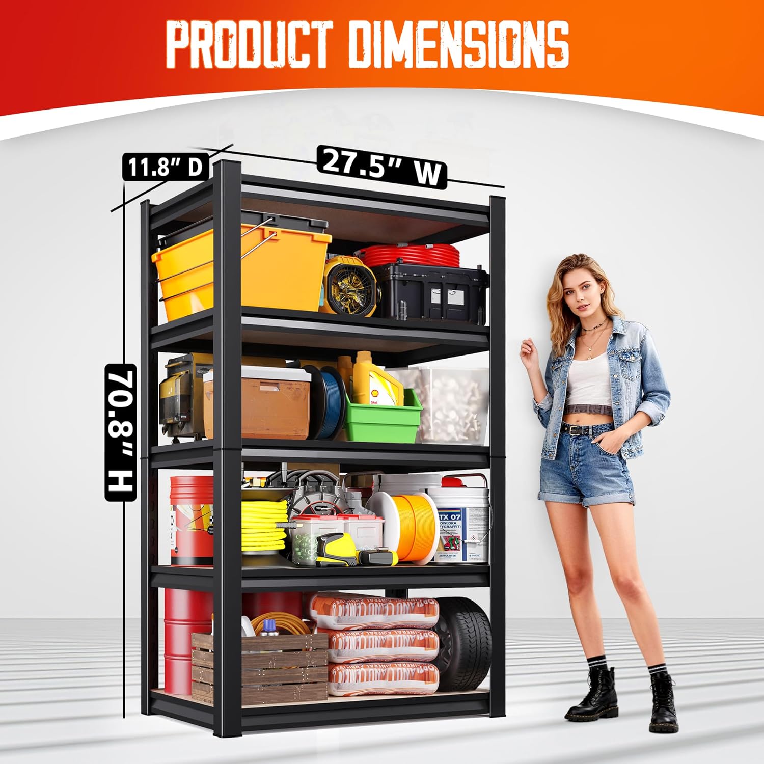 Regine Switzerland 5-Tier Garage Shelving Unit - Adjustable Heavy-Duty Metal Storage Rack, 71"H x 28"W x 12"D