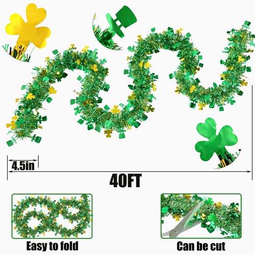 【20/40/60/80 FT】 St Patricks Day Garland Decor Gold Green Shamrock Hat Tinsel Garland, Shiny Metallic Streamer Twist Garland Hanging St Patricks Day Decorations for Home Indoor Outdoor Party Supplies