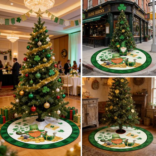 48 Inch St. Patrick's Day Tree Skirt Reversible Valentine's Day Decorations Double Sided Print Hearts Shamrock Mat for Home Holiday Party Decoration