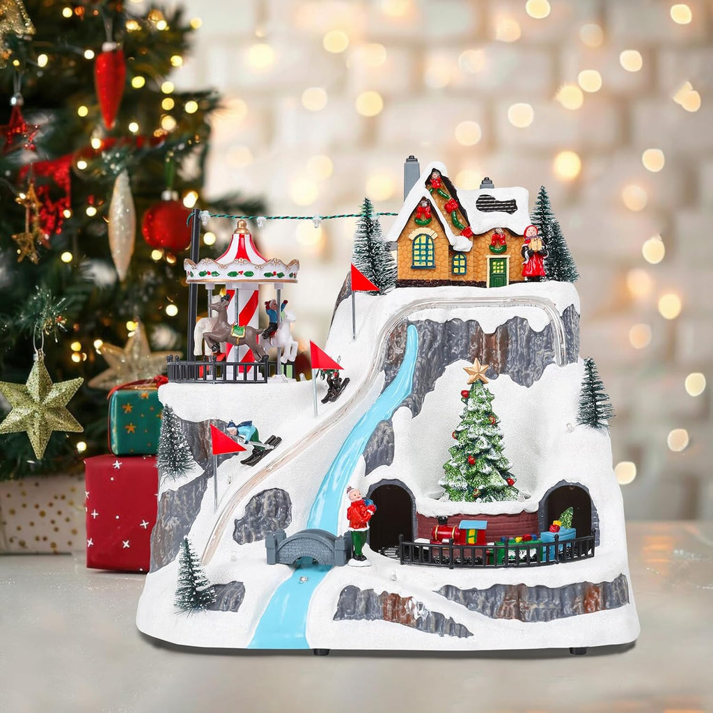 Wonder Garden Christmas Village Houses - Lighted Musical Ski Resort with Moving Train & Carousel | Holiday Decor
