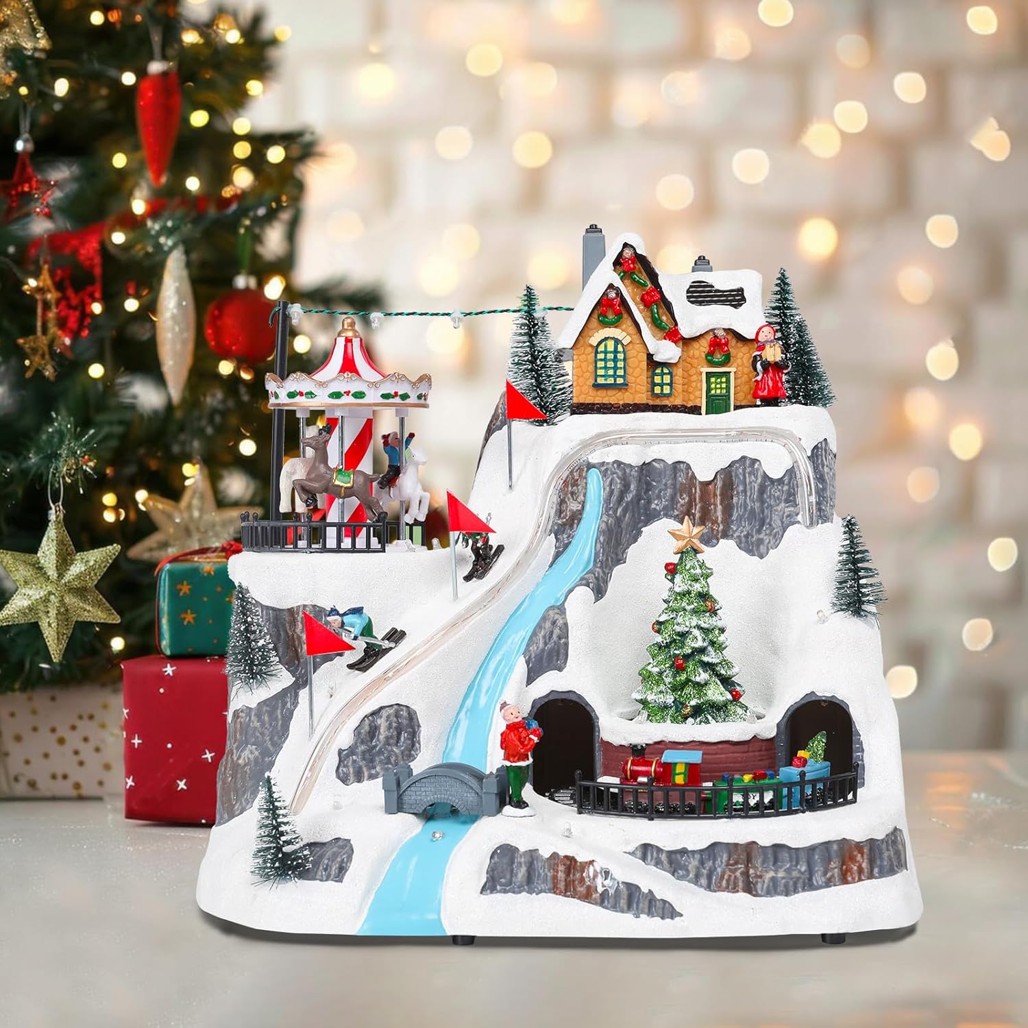 Wonder Garden Christmas Village Houses - Lighted Musical Ski Resort with Moving Train & Carousel | Holiday Decor