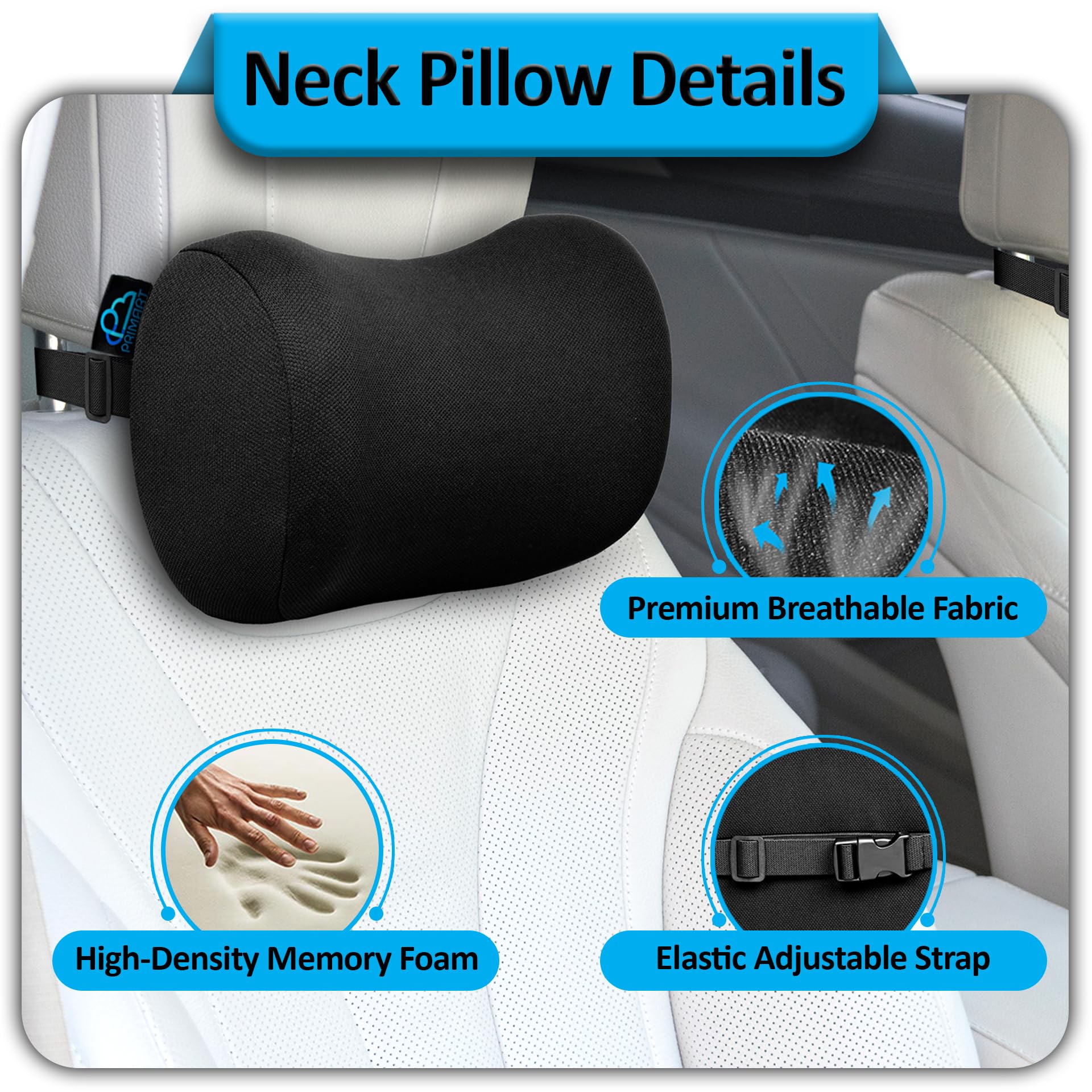 PRIMART 2 Pack Car Neck Pillow, 100% Memory Foam Car Headrest Pillow for Neck Support, Breathable Removable Cover & Adjustable Strap, Ergonomic Design for Driving Comfort, Neck Pain Relief, Travel