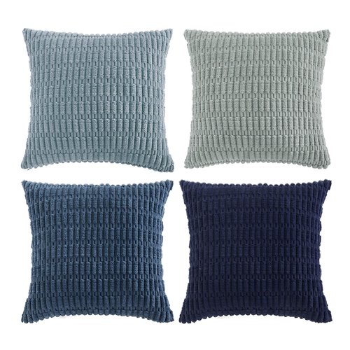 Fancy Homi Set of 4 Blue Decorative Throw Pillow Covers 18x18 Inch for Couch Bed Chair, Modern Farmhouse Boho Room Decor, Soft Fuzzy Corduroy Textured Striped Coastal Blue Cushion Case 45cm