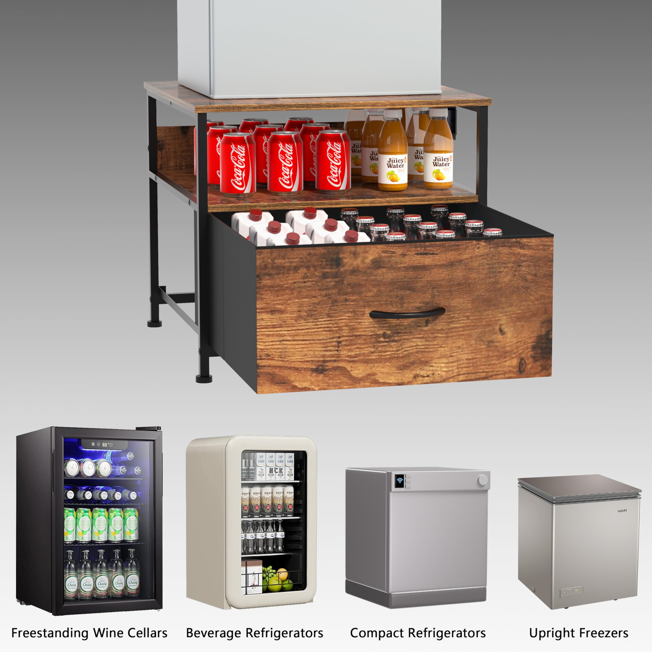 Unionly 180 lb Mini fridge Table with Drawer fridge Shelf, Smal fridge cabinet with storage,Heavy Duty Mini Fridge Standwith Charging Station, 4 Adjustable Feet for Home Kitchen Rustic Brown
