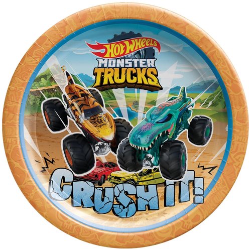 Monster Trucks Birthday Party Supplies Bundle includes 16 Dessert Cake Paper Plates, 16 Paper Napkins, 1 Dinosaur Sticker Sheet