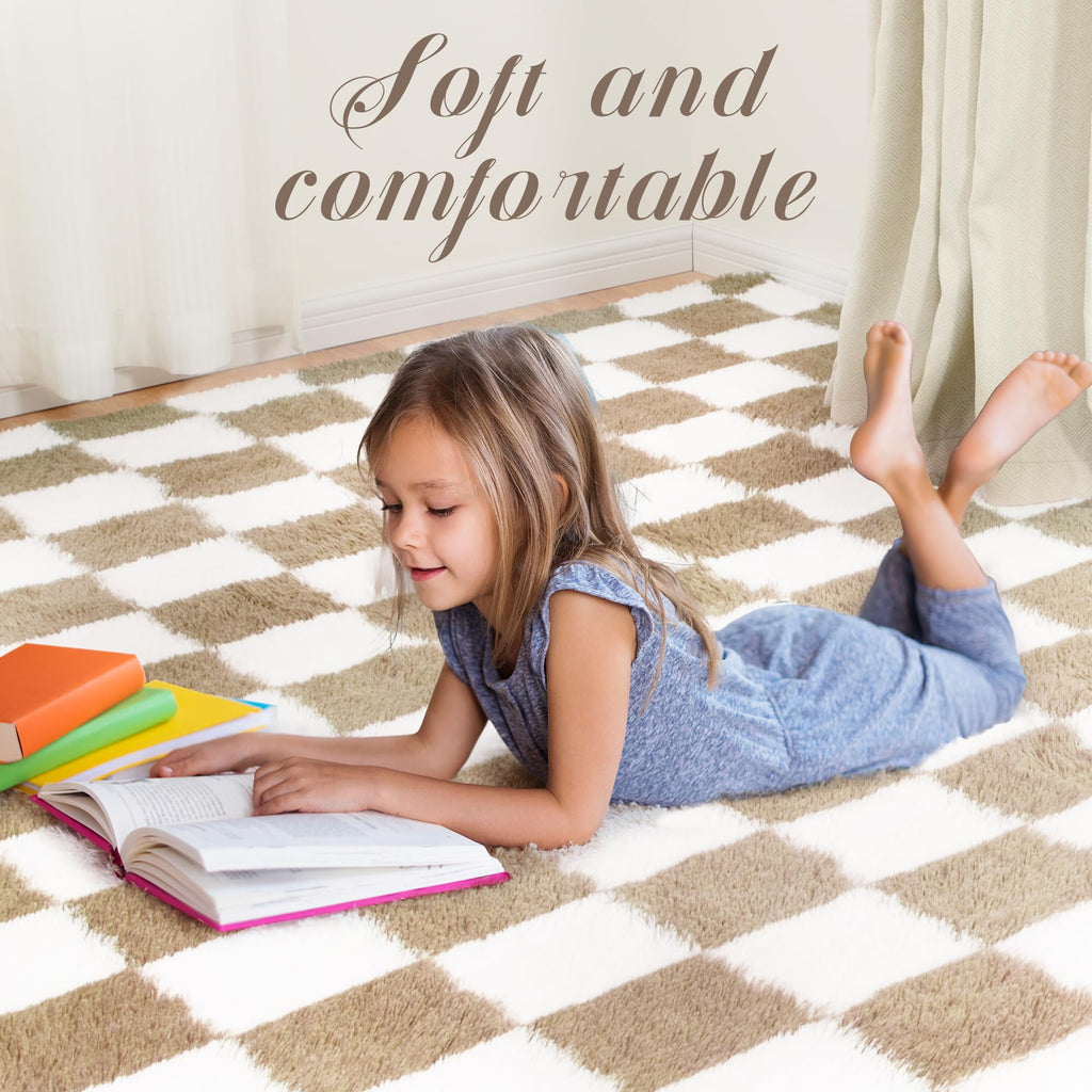 Super Soft Rug for Bedroom, 8x10 Ft Beige and White Area Rug Classic Checkered Shaggy Anti-Skid High Pile Soft Fluffy Rug Fuzzy Carpet for Living Room Bedroom Kids Room Nursery, Dorm Home Decor