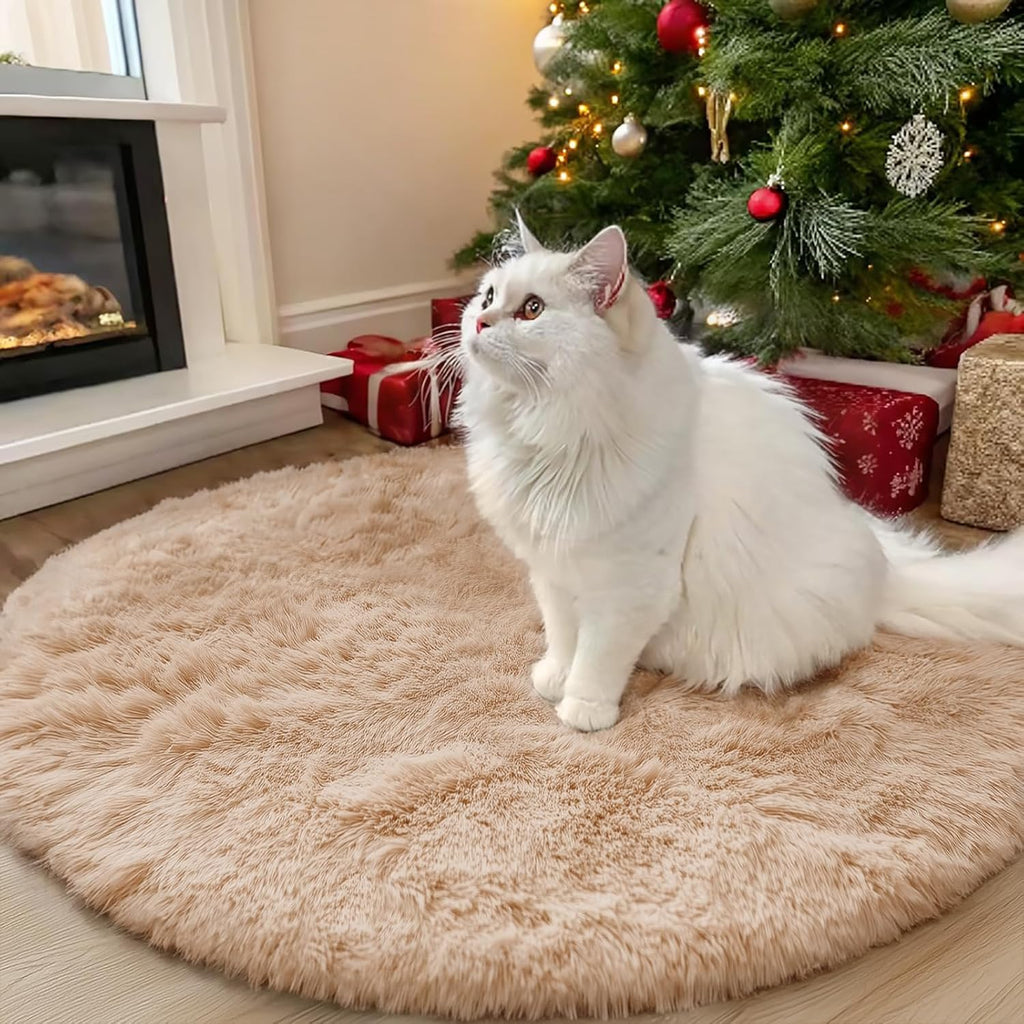 OLANLY Round Beige Area Rug - Soft, Fluffy, Machine Washable 3 ft Circle Carpet for Bedrooms & Living Rooms