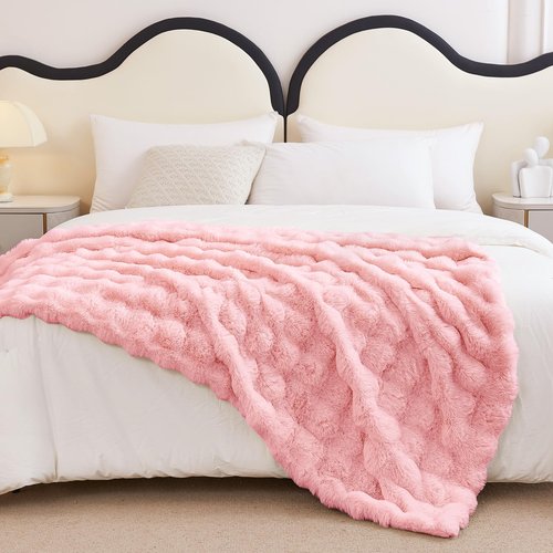 Faux Rabbit Fur Throw Blanket for Couch, Fluffy Warm Plush Thick Bubble Blanket for Bed Sofa Living Room, Soft Cozy Furry Blanket, 50x60 inches, Pink
