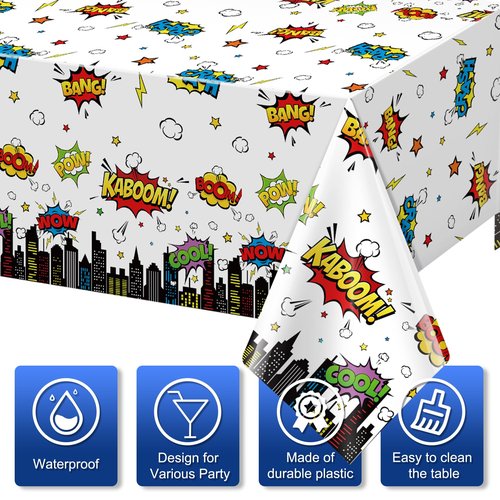 3Pcs Hero Themed Birthday Party Tablecloths Decorations,White Cityscape Super Bang Plastic Table Cover Disposable Rectangle Table Cloth for Baby Shower Kids Boys Birthday Party Supplies,54x108 Inch