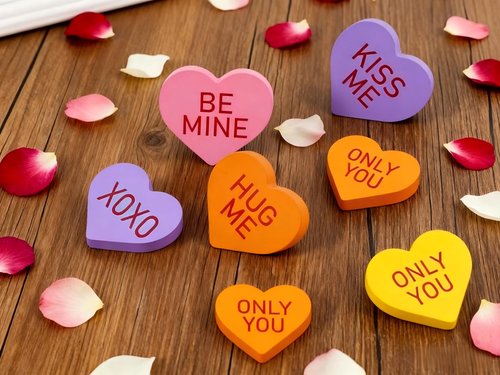 Lxdzsm 6PCS Wooden Valentine's Conversation Hearts Decor - Double-sided Freestanding XOXO Kiss Me for Tiered Tray, Shelf, Mantel, Table - Galentines Day & Valentine's Day Home Decorations, Sweetheart Heart Shelf Decor