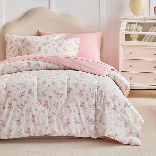 Joyreap 6pcs Cotton Comforter Sheet Set for Girls, Twin Size Bed in a Bag, Pink Floral Design, Soft n Cozy Kids Bedding Comforter Set for All Season- 68x88 inches