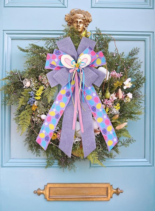 BUVANE Easter Wreath Bow - Large Burlap Bunny Decor for Indoor/Outdoor Holiday Display (Purple)