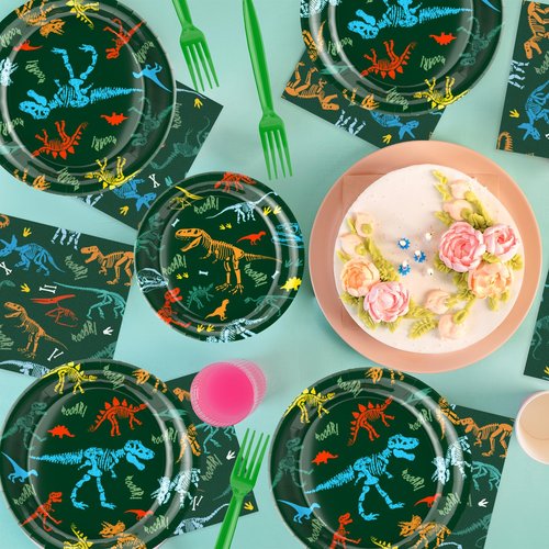 Dinosaur Birthday Party Supplies for Kids 96 Piece Dino Theme Tableware Set Includes Disposable Paper Plates, Napkins and Forks Dinosaur Decorations for Boys Birthday Party, Serves 24 Guests