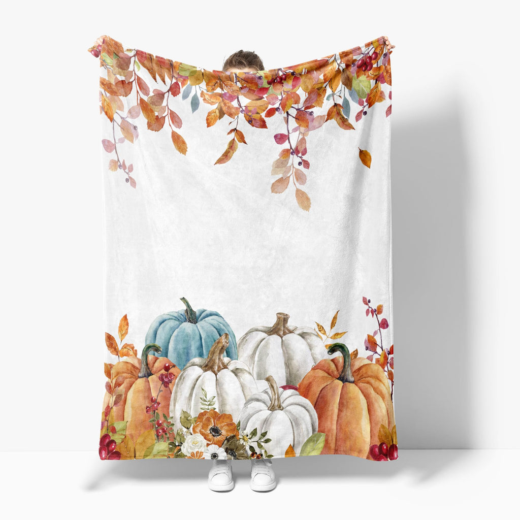 PAOPOED Fall Pumpkins Throw Blanket, Thanksgiving Autumn Maple Leaves Watercolor Blanket for Bed Sofa Travel and Camping, Super Soft Cozy Fluffy Plush Blanket for All Seasons, 50" x 60"