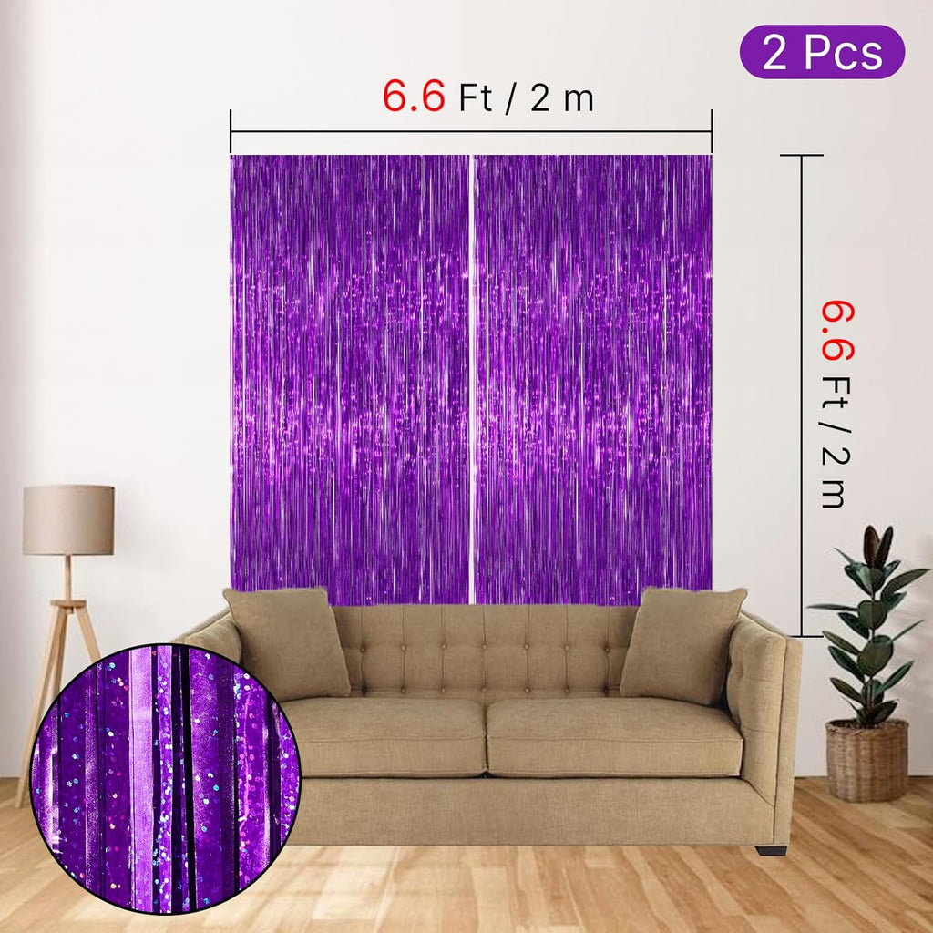 PartyWoo Purple Foil Fringe Curtain Backdrop - 2 Pack 3.3x6.6 ft Metallic Tinsel for Events