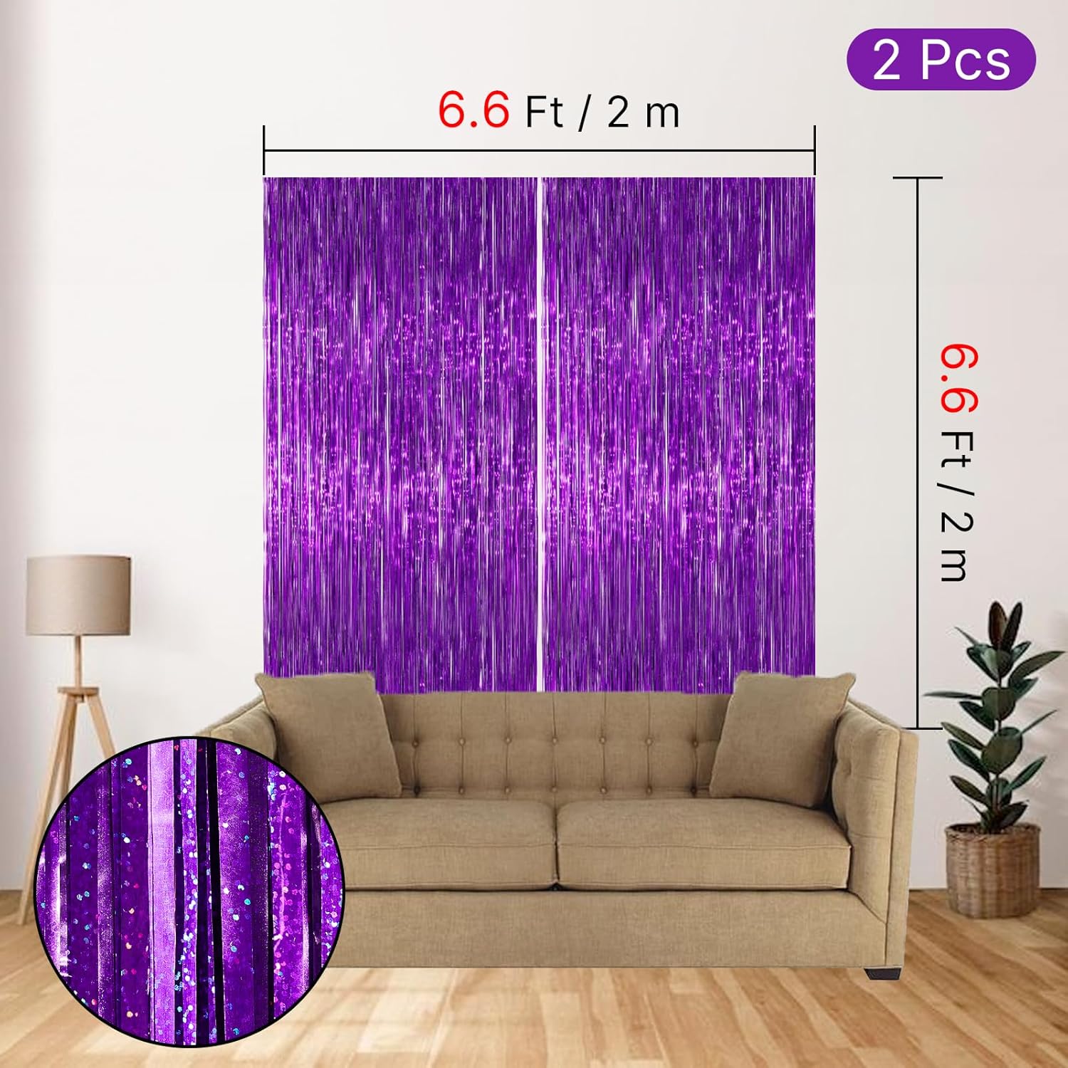 PartyWoo Purple Foil Fringe Curtain Backdrop - 2 Pack 3.3x6.6 ft Metallic Tinsel for Events