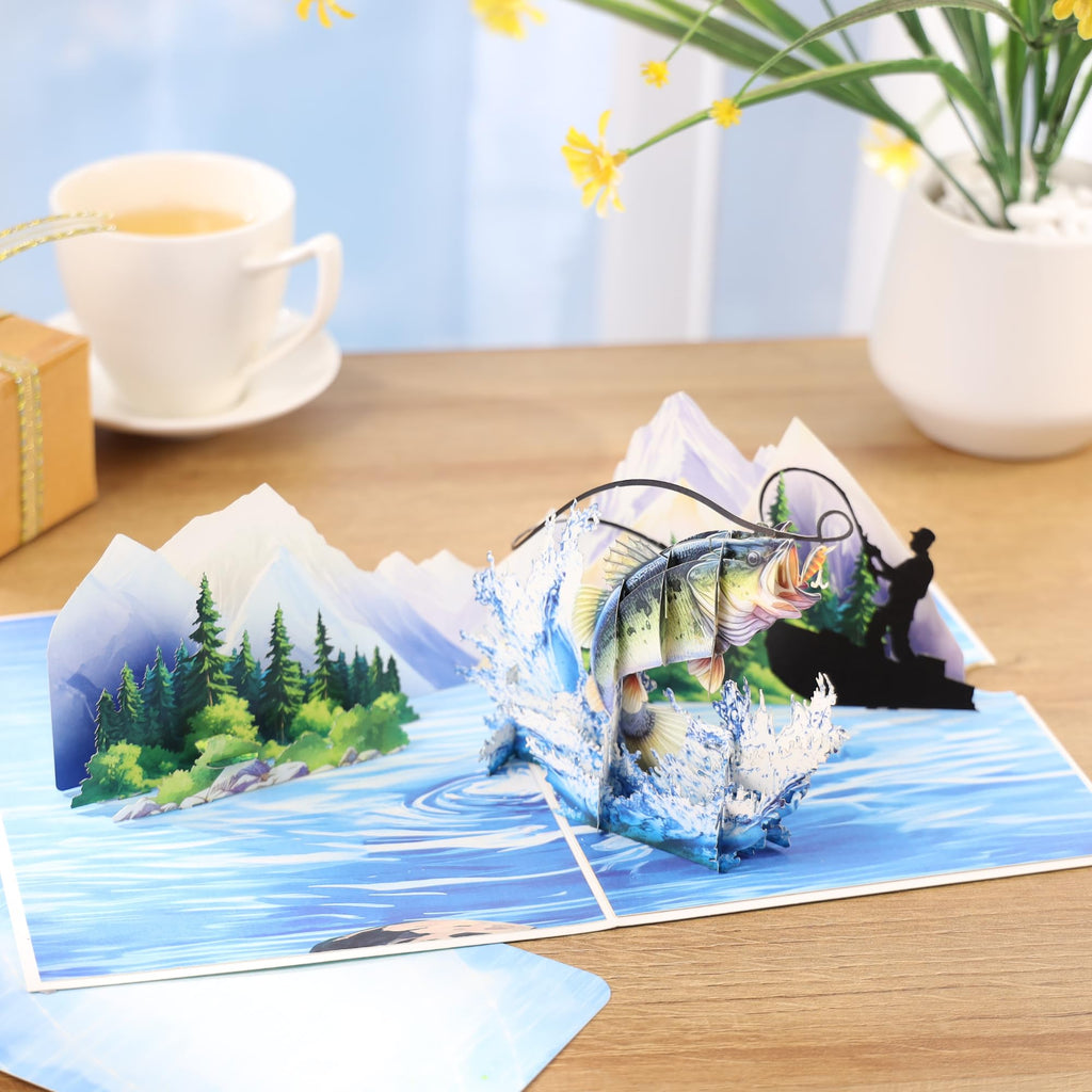 Pop Up Birthday Card Fishing, 3D Bass Fishing Popup Card For Husband, Dad, Men, Husband, Son, Brother, Grandpa, Fisherman Gift; All-Occasion Father's Day, Birthday, Outdoor, Thank You, Retirement