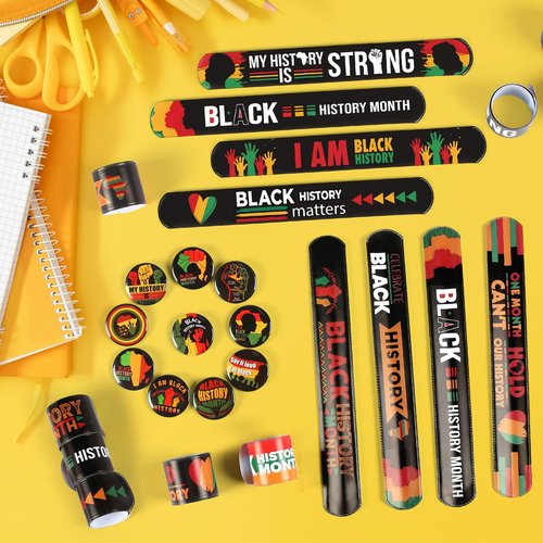 Ouvibor 60 Pcs Black History Month Gift Set Black History Slap Bracelets with Button Pins Blac Historys Slap Bracelets Badges Blac Historys Months Favors for Teen Adult
