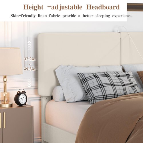 VECELO Twin Bed Frame with Type-C & USB Ports, Upholstered Platform Height-Adjustable Cotton and Linen Headboard, No Box Spring Needed, Noise-Free, Easy Assembly, Beige