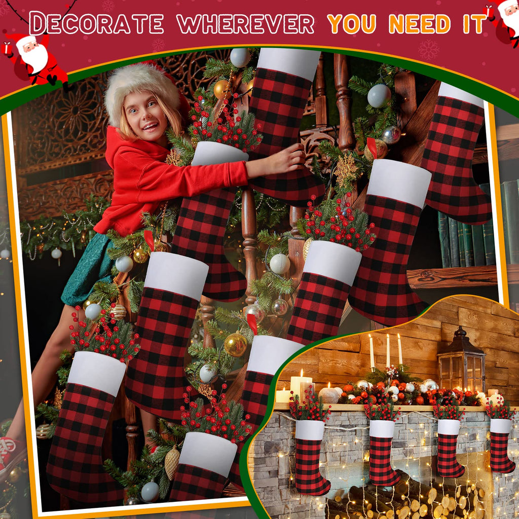Zhanmai 30 Pieces Christmas Stockings Buffalo Checkered Stockings with Plush Cuff Fireplace Hanging Stockings for Family Xmas Decoration Holiday Season Party (Red and Black, White Cuff,18 Inch)