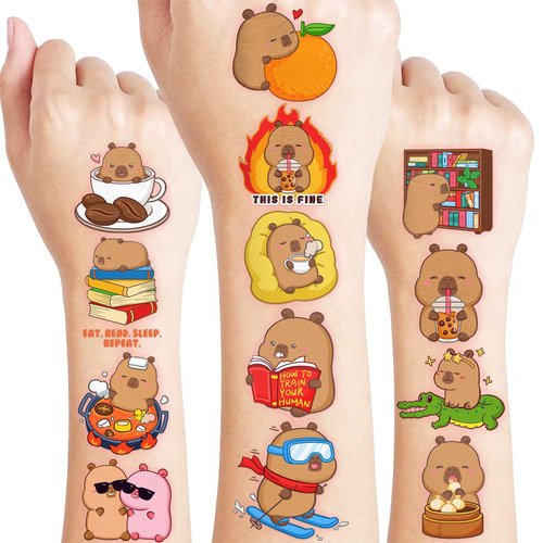 96 PCS Funny Capybara Capy Pre-Cut Temporary Tattoos for Kids | Super Cute Themed Birthday Party Favors, Supplies, Decorations, Animal Fake Tattoo Stickers, School Rewards Prizes & Gifts Boys & Girls