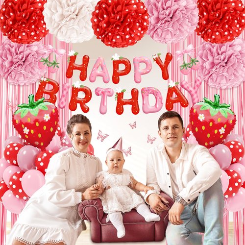 CM ZH set Strawberry Birthday Decorations with Red Pink White Paper Pompoms Red Pearl Pink Balloons Happy Birthday Banner Fringe Curtain for Gender Reveal Strawberry Baby Shower Decorations