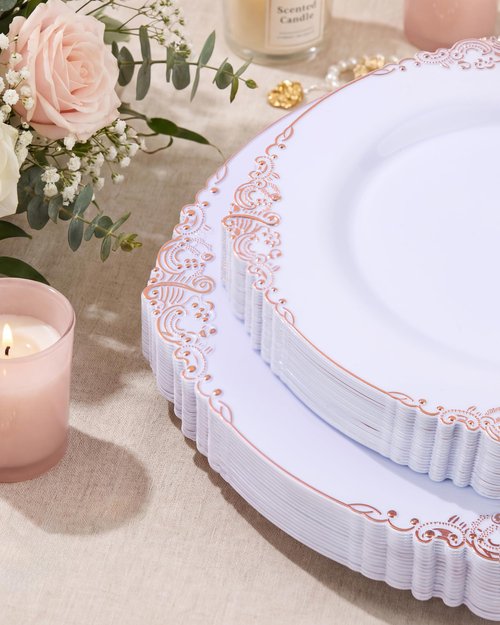 Morejoy 100pcs Plastic Plates - Disposable - 7.5 inch White and Rose Gold Dessert Plates for Weddings & Parties & Shower