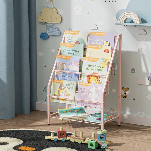 JAQ Toddler Bookshelf for Girls, 4-Tier Metal Kids Child Bookcase Rack with Toy Storage Organizer in Playrooms Nursery Clasroom Corner Library for Infants Baby Young Children (24.92 inch, Pink)