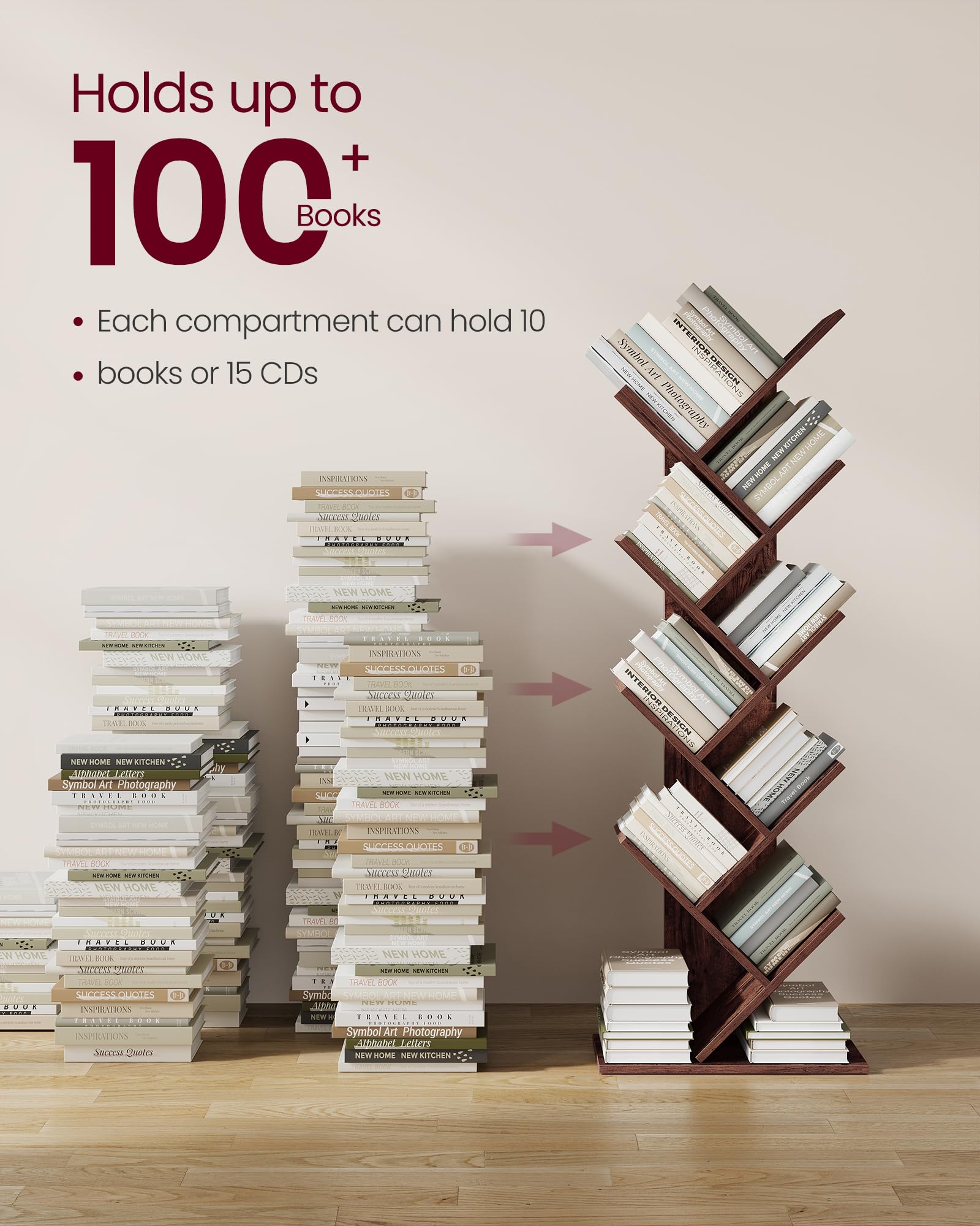 VASAGLE Tree Bookshelf, 9-Tier Bookcase, Large Bookshelf, Space-Saving Corner Shelf, Book Tree, Holds Books, CDs, Games, for Bedroom, Living Room, Home Office, Walnut Color ULBC11BY
