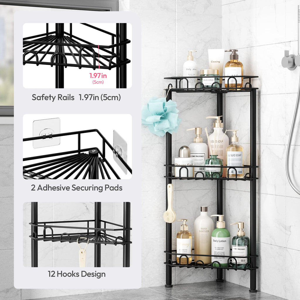 SWTYMIKI Standing Shower Caddy Corner - 3‑Tier Stainless Steel Shower Organizer Shelf with 12 Hooks and Adhesive Pads, Rustproof Corner Shelves Stand Rack for Bathroom Shower Room, Black