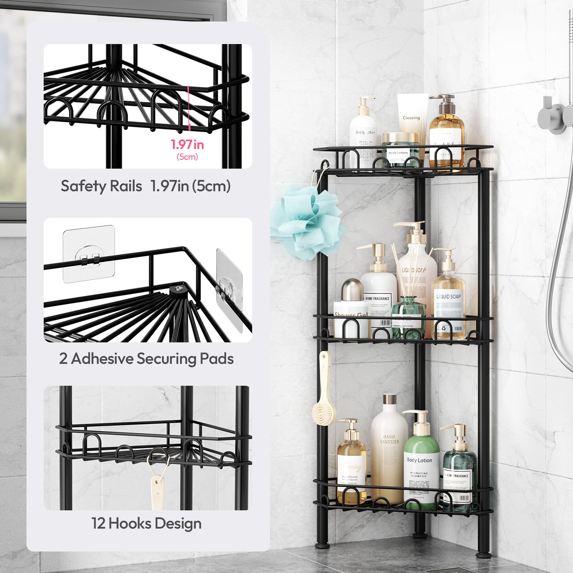 SWTYMIKI Standing Shower Caddy Corner - 3‑Tier Stainless Steel Shower Organizer Shelf with 12 Hooks and Adhesive Pads, Rustproof Corner Shelves Stand Rack for Bathroom Shower Room, Black
