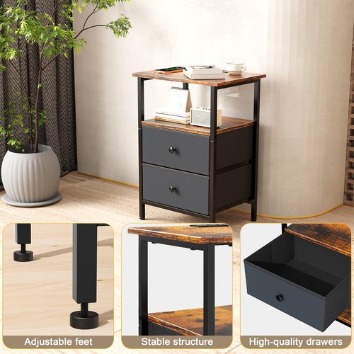 Smoproper Nightstand with Charging Station, Bedside End Table with 2 Fabric Drawers for Bedroom, Side Table with USB Ports and Outlets (Brown Black)