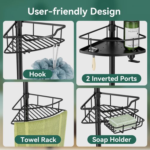 Dimyno Corner Shower Caddy Tension Pole, 4 Tier Rustproof Shower Tension Rod Organizer, Adjustable 25-125 Inch Bathroom Shower Organizer Shelves for Bathtub Shampoo Storage, Black