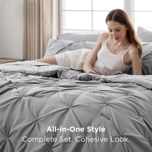Bedsure Queen Comforter Set - 7-Piece Grey Pintuck Bedding | All-Season Comforter with Sheets & Pillowcases