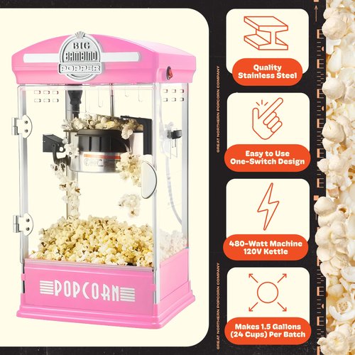 Big Bambino Popcorn Machine - Old-Fashioned Popcorn Maker with 4-Oz Kettle, Measuring Cups, Scoop, and Serving Cups by Great Northern Popcorn (Pink)