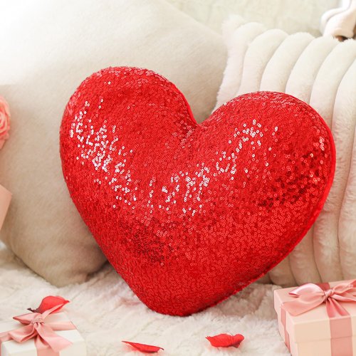 Yookeer Glitter Sequins Heart Shaped Pillow 14'' x 12'' Valentine's Day Decorative Sparkling Throw Pillows Solid Soft Shiny Cushion for Women Valentine Wedding Anniversary Bed Couch Decor(Red)