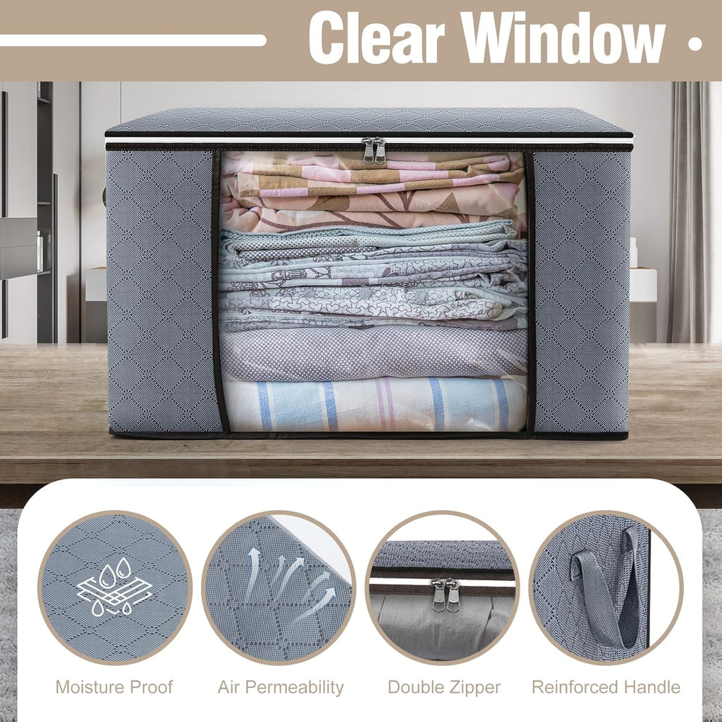 Skiennix 90L Large Storage Bags - 4 Pack Foldable Closet Organizers with Durable Handles | Grey