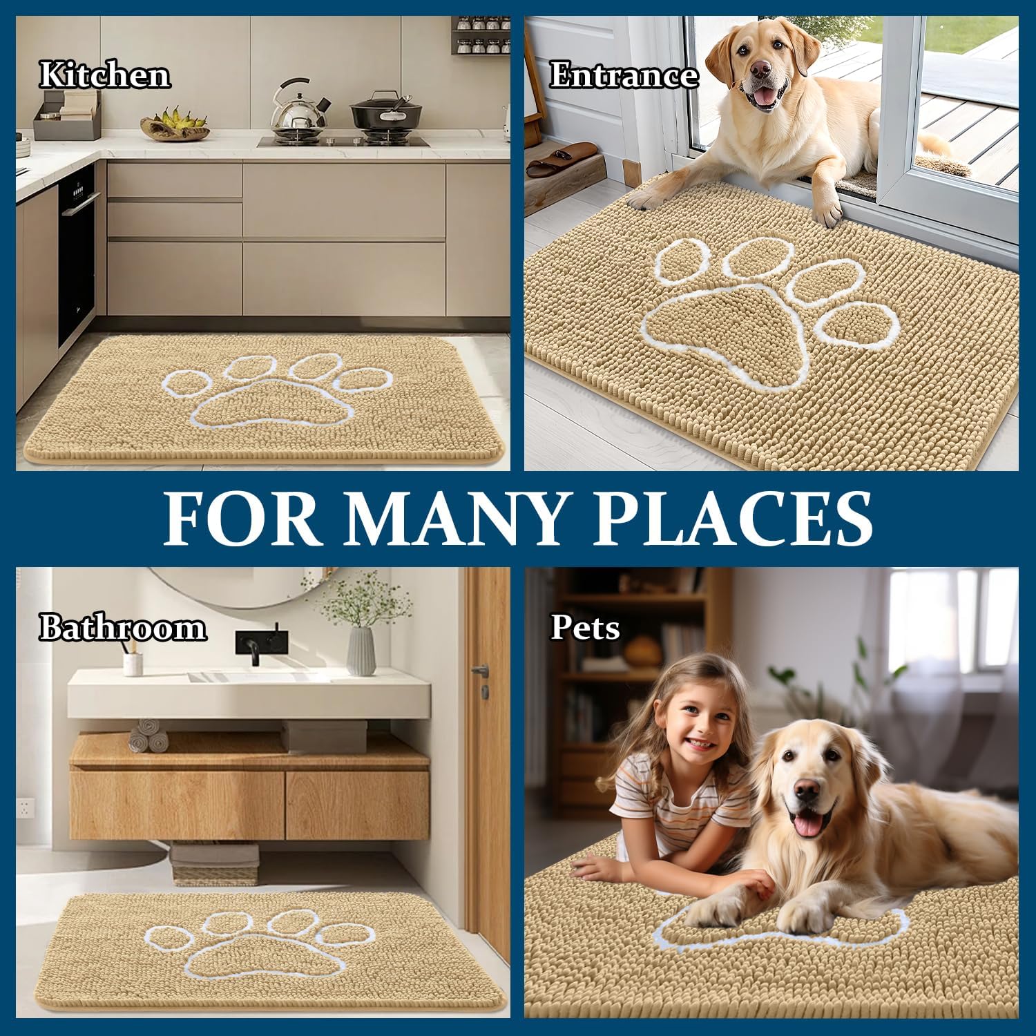 OLANLY Dog Door Mat - Absorbent Non-Slip Mud Mat for Paws | Quick Dry Chenille, 35x24, Beige