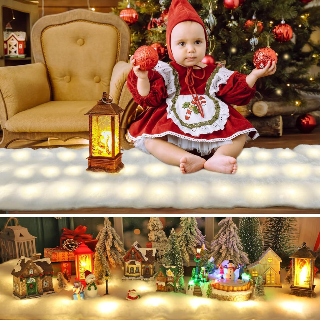 Skiennix Christmas Snow Blanket - 1.3x5.25 Ft Faux Snow Roll with 50 LED Lights | Winter Village Decor