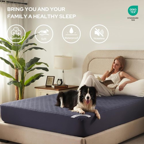 BEDLORE Waterproof Mattress Protector - Noiseless Full Size Pad with Deep Pocket 6"-15" | Soft, Breathable & Washable (Navy Blue)