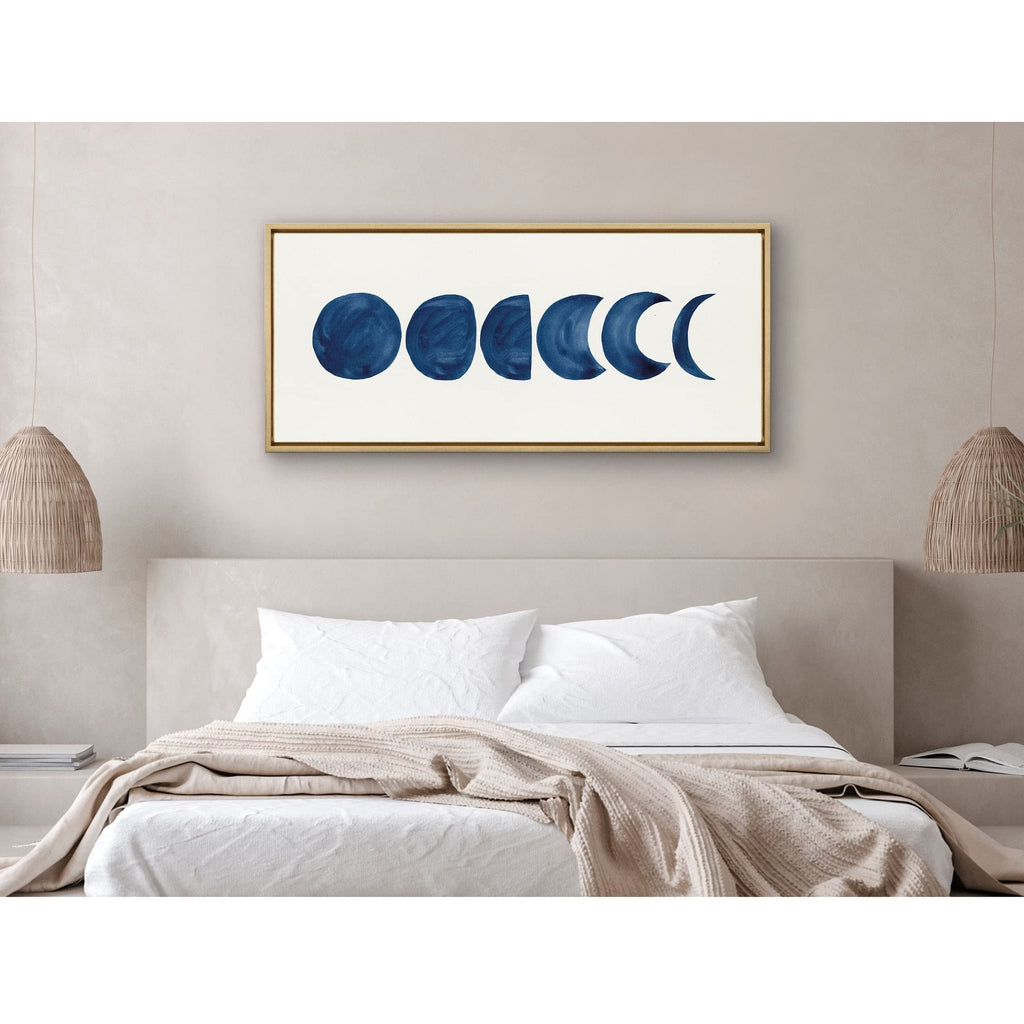 Kate and Laurel Sylvie Linear Moon Phases Framed Canvas Wall Art by Teju Reval of SnazzyHues; 18x40 Gold; Decorative Moon Art for Wall