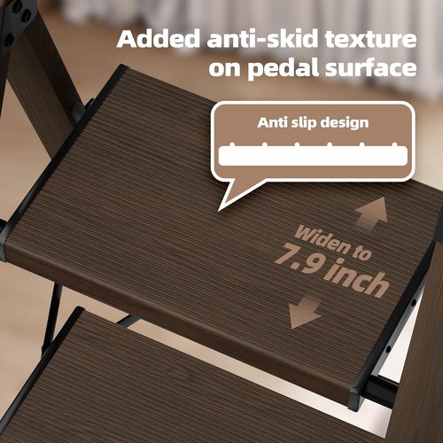 Hillhut Apex 3-Step Foldable Aluminum Step Ladder - Lightweight & Portable with Handgrip, 330lbs Capacity | Walnut Finish